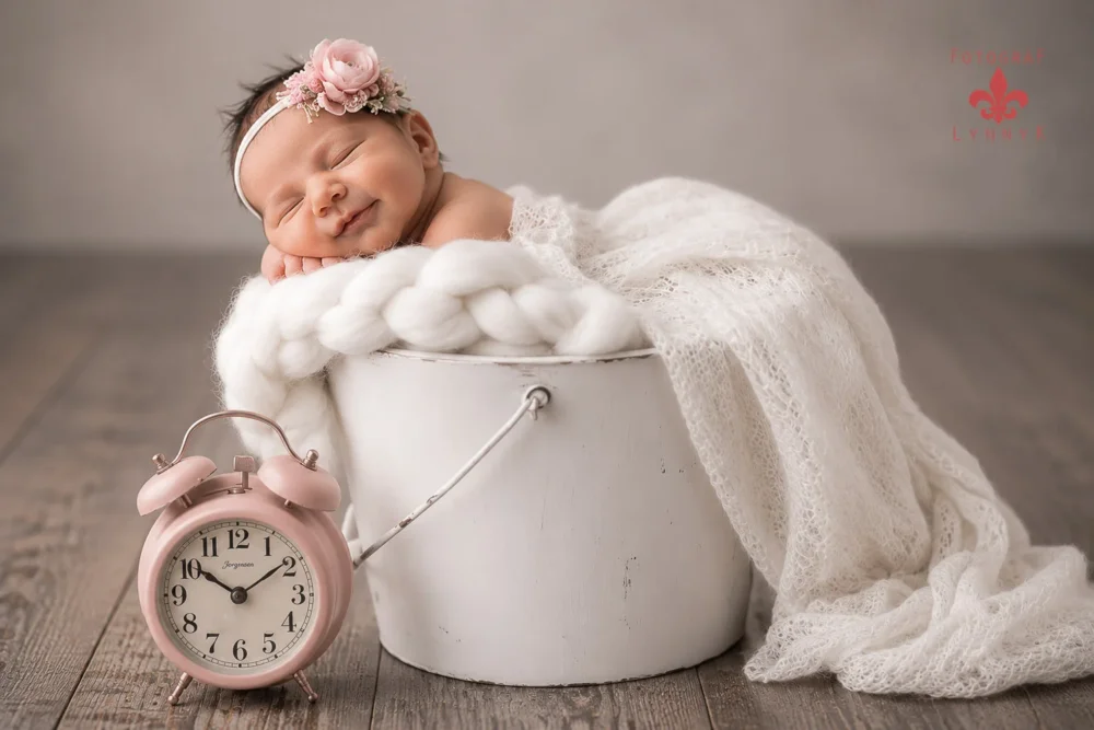 Schlafendes Baby in einem dekorativen Körbchen mit weicher Decke.